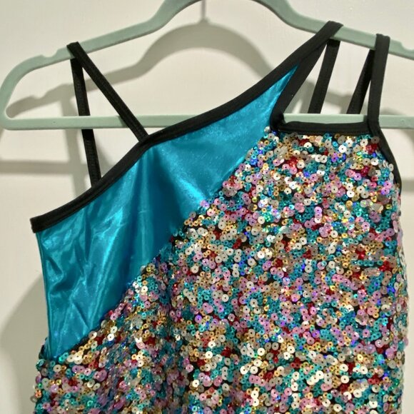 (9) Child Girl Curtain Call Assymetrical Hem Neckline Multi Sequin Tunic XL - Picture 2 of 6